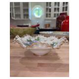 Fenton Milkglass, Silver Crest, Ruffled Edge, Hand Painted Berry Bowl…..8”D x 3” tall