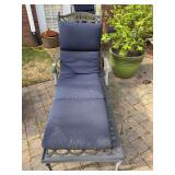 Wrought iron outdoor chaise lounge…..28-1/4 x 49-1/4 x 13 tall to seat (41-1/2 tall overall)…..length including wheels is 72-1/2…..cushion needs cleaned