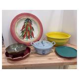 Grouping of various size and design ceramic and pottery serving and home decor pieces