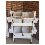 White wicker rolling garden cart with multiple gardening compartments…..39w x 49 tall
