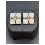 Vintage Coro milk glass grid-style clip-on earrings with iridescent center stone