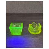 Grouping of (2) uranium glass salt cellars…..left is 1-1/2” square x 1-1/4” tall and right is lotus flower and stands 1-1/4” tall