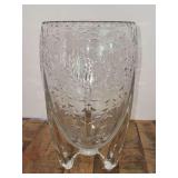 Uniquely designed footed clear glass vase with thumbprint edge…..5-1/2”D x 9” tall