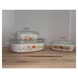 (3) pieces of vintage Corning Ware…..2 on left are Wildflower Pattern (1-1/2qt and 10x10x2) and right is Spice of Life Pattern (1qt)…..all have lids