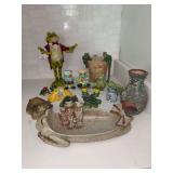 Grouping of frog decor…..mini Chiminea, ceramic tray, s/p shakers, planter, lidded brass frog, (2) Murano-style blown glass frogs….blue and white shaker does not have a mate