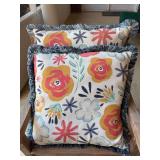 Set of (2) 21” canvas-type floral motif pillows with blue/white fringed edge…..both need cleaned from dust and pollen on patio