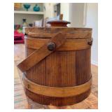Antique Primitive 7-1/4” Wooden Firkin with 2 finger bands - the lid has been painted with “Cookies” design indicative of the period it was made