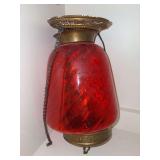 Victorian Cranberry Swirl Glass And Brass Pull Down Oil Lamp that has been electrified