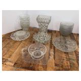 Grouping of clear glass….square top vase has chipping on one corner