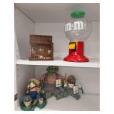 Grouping of home decor - plastic M&M dispenser, frog decor, Sam’s Saloon coaster set