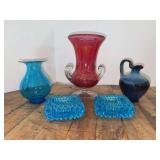 Grouping of vintage glassware - cobalt blue mini vase, (2) small Fenton Hobnail trinket dishes, cranberry glass vase and mini salt glaze pitcher