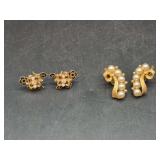 (2) pair of nice looking earrings…..left is screw-back with black enamel florals, pearl-like beads and clear center stones - right is gold-tone clip-on with pearl-like beads