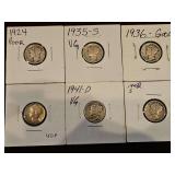 Six(6) Mercury Dimes in Flips SEE ALL PICS FOR DETAILS...