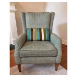 Wingback chair with a soft geometric pattern upholstery and a striped lumbar pillow…..32 x 21 x 19 tall to seat (44-1/2 tall overall)