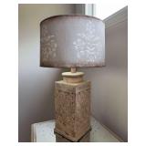 Distressed rustic look tin base lamp with hand painted burlap-like shade…..29” tall