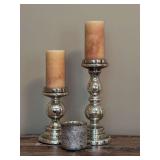 3-piece Mercury Glass-style candlestick/holder set (candlesticks are made from metal and holder is actually glass)….candlesticks measure 13 & 9” tall - candle holder measures 3-3/4”D x 3-3/4” 