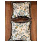 Pair of matching 20” square embroidered thrown pillows with fringed edges…..both sides are identical