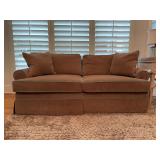 Brown micro-suede scroll arm sofa and throw pillows with turquoise piping…..very solid piece and cushions are firm…..74-1/2 x 23 x 18-1/2 tall to seat (29-1/2 tall overall)