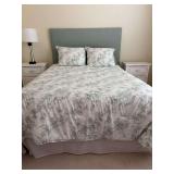 Queen size bed with custom made pale green headboard (attaches to wall) and Ralph Lauren bedding….mattress is a Beautyrest Silver Medium Firm…..MUST TAKE ALL and OTHER CONTENTS NOT INCLUDED