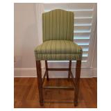 Great looking wood base bar stool with shades of green striped upholstery and brass plated footrest…..18-3/4 x 15-1/2 x 30-1/2 tall to seat (46-1/2 tall overall)…..very small spot on seat