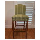 Great looking wood base bar stool with shades of green striped upholstery and brass plated footrest…..18-3/4 x 15-1/2 x 30-1/2 tall to seat (46-1/2 tall overall)…..small stain at top of back rest