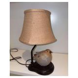 Rustic Farmhouse Accent Table Lamp with stone-like bird and Canterbury Roseart shade…..14” tall….end of tail is broken