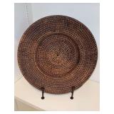 Hand woven brown wicker decorative charger with display stand…..14-1/4”D