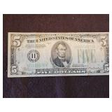 1934 $5 Dollar Green Seal Federal Reserve U.S Note H St Louis Missouri...