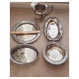 Silver plate trays, bowl, and pitcher.