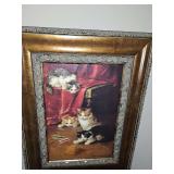 Framed print titled 'The Ball of Yarn' by the 19th-centur French artist Alfred-Arthur Brunel de Neuville. He was known for life-like animal paintings. 21.5x27.5 in tall
