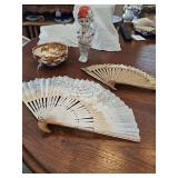 Miscellaneous vintage items. Japanese bisque porcelain figurine 'Frozen Charlotte' doll, two Japanese hand fans, bowl with gold outlined leaves and flowers (Satsuma?).