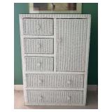 Unmarked white wicker 5-drawer 1-door armoire with glass top overlay…..3 small drawers and 2 full size drawers…..34 x 18 x 49 tall