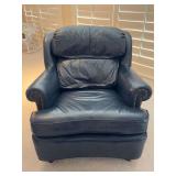 Leathercraft Inc. navy blue leather scroll arm club chair with brass studs….shows slight wear but lots of life left…..33-1/2 x 19 x 18 tall to seat (32 tall overall)