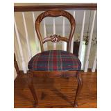 Vintage mahogany balloon back parlor chair features intricate hand carvings and Queen Anne-style legs and plaid cushion seating - 18 x 16-3/4 x 19-1/2 tall to seat (35-3/4 tall overall)