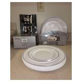 Grouping of premium heavyweight plastic dinnerware - looks like real China and silverware - 1 package is new - unknown if flatware is a complete box of 160 pieces - another box of flatware was found -
