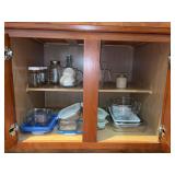Contents of 2 kitchen cabinets - glass food storage containers (some with lids), casserole dishes, strainers and much more (see all pics)
