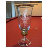 commemorative crystal goblet featuring gold-trimmed rims and a gold-colored accent on the stem - use as trophy for Southwind 2003 Flight Winner and is etched as such - 10-1/2 tall