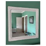 Unmarked square white wicker framed mirror…..36” square