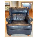 Leathercraft Inc. navy blue leather scroll arm club chair with brass studs….shows slight wear but lots of life left…..33-1/2 x 19 x 18 tall to seat (32 tall overall)