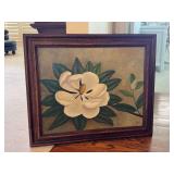 Sign (Dorothy Curtis) oil on canvas magnolia print…..27-1/4 x 22-3/4…..framed in worm hole-like faux wood frame