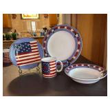 Service for (4) of Brandon House by Warren Kimble “Spirit of the Flag” China - includes 4 dinner plates, 4 soup bowls, 4 salad plates and 4 mugs