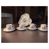 Set of (4) Yorkshire by Godinger Flat Demitasse Cup & Saucer Set with Fruit & Insects - also includes matching leaf tray