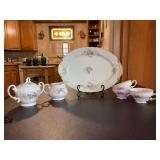 (6) miscellaneous pieces of fine china featuring the 'Forget Me Not” pattern from Japan - creamer/sugar set, 14-3/4” platter and 3 cups