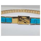 Native American-style Yellow Gold Tone & Turquoise Inlay Link Stretch Belt definitely for a  tiny waist. Unstretched 24", Max stretched 36".