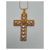 Goldtone & Rhinestone Cross Pendant Necklace -Approx. 11" Chain-Pendant 1-3/4"L