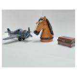 Porcelain hinged trinket boxes, airplane, horse, box cigars. Box cigars is empty.