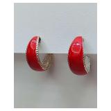 Vintage-style red enamel hoop earrings featuring a silver-tone beaded trim.