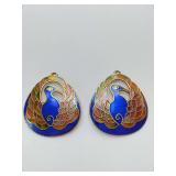 Jon St. Paul. vintage cloisonné peacock earrings, blue and gold enamel design. Need wires or post attached.