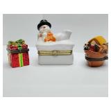 Porcelain hinged trinket boxes, wrapped gift, snowman, Noah