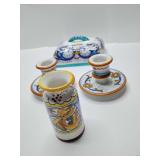Deruta Italian Pottery Red Dragon apothecary jar) decorated with the traditional "Raffaellesco" pattern. 2 candlesticks, butter dish *cover only* from Deruta, Raffaellesco pattern.